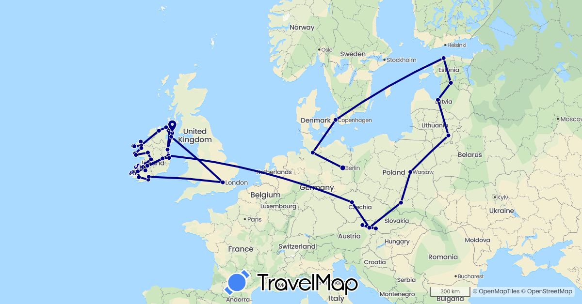 TravelMap itinerary: driving in Austria, Czech Republic, Germany, Denmark, Estonia, United Kingdom, Ireland, Lithuania, Latvia, Poland, Slovakia (Europe)